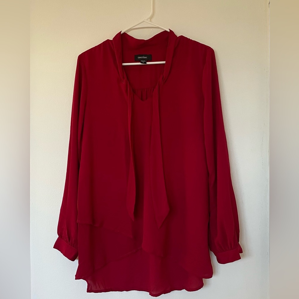 Karen Kane Women’s Chiffon Red Long Sleeve Bow Blouse Size L